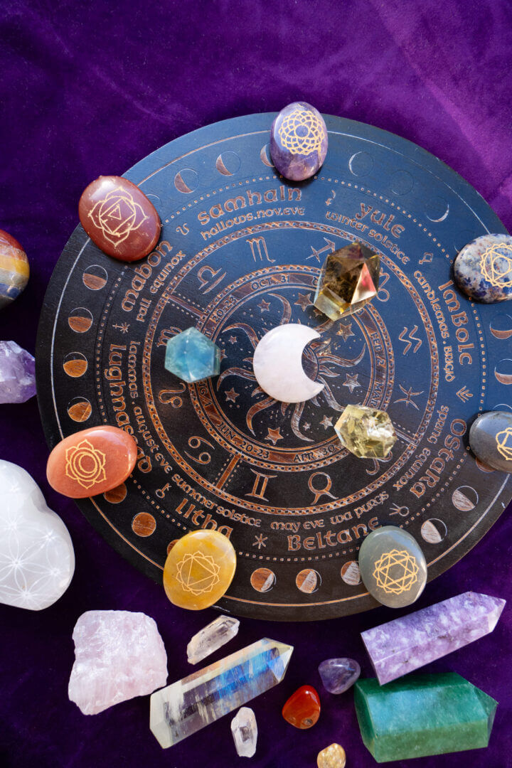 Healing crystals on zodiac wheel, only available at Embark on a captivating cosmic journey with Astrology Odyssey!