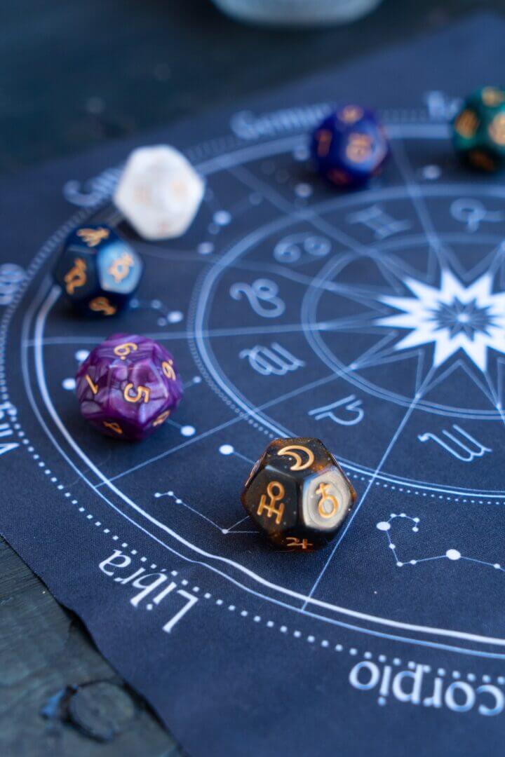 Zodiac horoscope with divination dice, only available at Embark on a captivating cosmic journey with Astrology Odyssey!